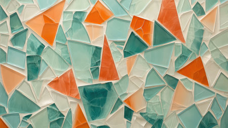 This image features a vibrant mosaic pattern composed of colorful triangular pieces in shades of orange and teal, creating a dynamic and artistic texture.の素材
