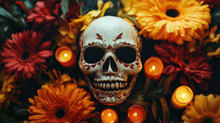 This captivating image features a skull surrounded by vibrant flowers and glowing candles, creating a colorful and festive atmosphere perfect for celebrations and traditions.の素材