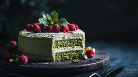 A stunning green matcha cake adorned with fresh raspberries and mint leaves, ideal for any dessert lover. Perfect for celebrations and gatherings.の素材