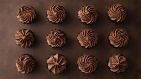 A stunning arrangement of chocolate cupcakes topped with rich, swirled chocolate frosting. Perfect for parties, celebrations, and sweet indulgences.の素材