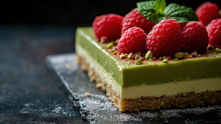 A delicious layered dessert featuring a creamy pistachio base, fresh raspberries, and a touch of elegance, perfect for any festive occasion or gourmet treat.の素材
