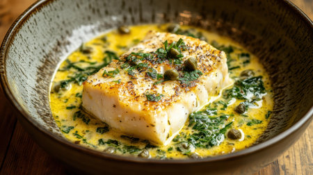 A beautifully plated cod fillet served in a rich creamy sauce with capers and fresh herbs, showcasing vibrant presentation and gourmet appeal.の素材