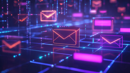 A vibrant illustration of neon email icons floating in a digital network. The glowing effects create a futuristic ambiance, perfect for technology themes.の素材