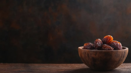 A cozy arrangement of fresh dates in a rustic wooden bowl against a dark textured background, showcasing natural beauty and rich colors ideal for healthy eating.の素材