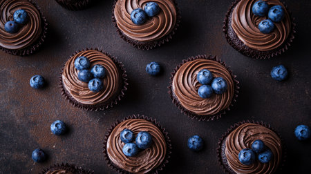 An enticing view of chocolate cupcakes topped with rich cream and fresh blueberries. Ideal for dessert lovers, this image captures culinary delight and artistry.の素材