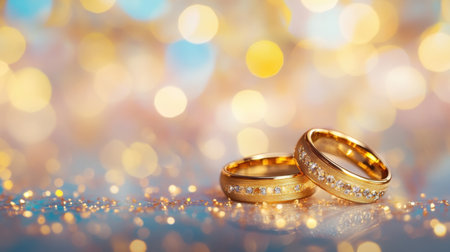 Two elegant golden wedding rings, adorned with sparkling details, rest on a glossy surface filled with delightful bokeh lights, symbolizing love and commitment.の素材