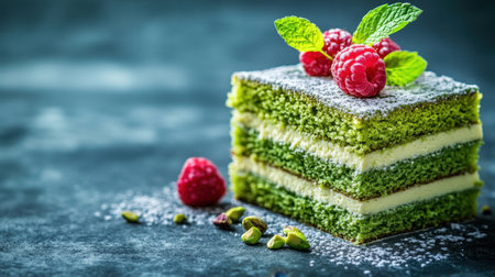 Indulge in this beautifully presented layered green cake topped with raspberries and fresh mint, showcasing culinary artistry and vibrant flavors.の素材