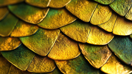 Detailed close-up view of a colorful golden scale texture, showcasing vibrant patterns and shiny surfaces, ideal for artistic projects, background designs, and nature-inspired themes.の素材