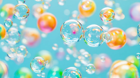 A mesmerizing display of bubbles floating randomly in a vibrant, colorful background. This image captures the playful essence and delicate beauty of bubbles in a dreamy atmosphere.の素材
