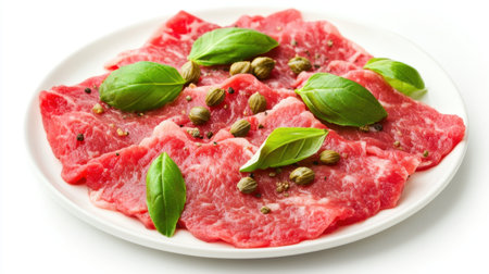A vibrant presentation of freshly sliced raw beef on a white plate, adorned with green herbs and spices, perfect for culinary creations and gourmet dishes.の素材