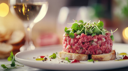 A beautiful plate of fresh beef tartare garnished with microgreens on toasted bread, perfect for gourmet dining or a romantic meal paired with white wine.の素材