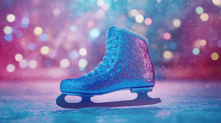 A close-up of a sparkling blue ice skate resting on a frozen surface, surrounded by vibrant bokeh lights. The scene captures the essence of winter joy and festive spirit.の素材