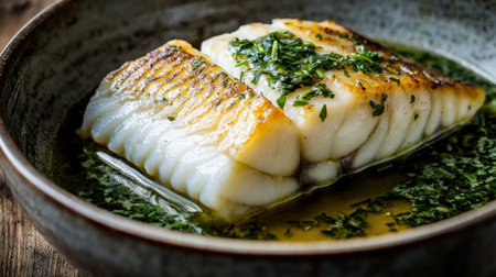 This image features a beautifully grilled fish fillet drizzled with olive oil and topped with fresh herbs. Perfect for culinary inspiration or menu design.の素材