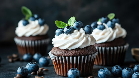 These delightful chocolate cupcakes are topped with whipped cream and fresh blueberries, perfect for any celebration or sweet occasion. Enjoy the rich flavors!の素材