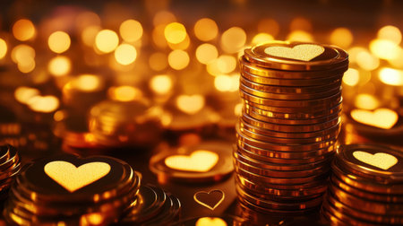 A stack of golden coins featuring heart symbols shines brightly against a bokeh background, symbolizing love and celebration. Ideal for romantic themes.の素材