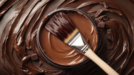 A luxurious composition featuring a bowl of rich dark chocolate and a brush resting atop. This visual captures the essence of gourmet baking and indulgence.の素材
