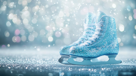Beautiful blue ice skates glimmer on an icy surface, surrounded by a soft bokeh background. The perfect representation of winter sports and elegance.の素材