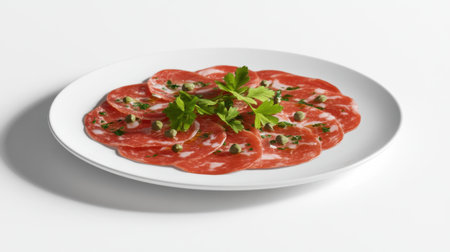 A beautiful arrangement of thinly sliced cured meat on a pristine white plate garnished with parsley. Ideal for gourmet dishes and food photography.の素材