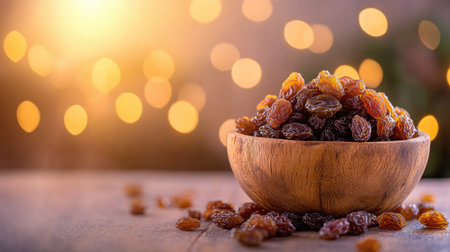 A vibrant wooden bowl filled with fresh raisins showcases a warm, inviting background. Ideal for promoting healthy snacks, desserts, and culinary delights.の素材
