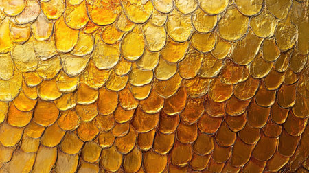 This stunning image showcases a close-up of golden fish scales, presenting a shimmering texture that adds elegance and vibrancy to designs. Perfect for aquatic themes.の素材