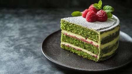 Indulge in this exquisite green matcha cake layered with creamy frosting and fresh raspberries. A perfect dessert for celebrations or casual gatherings.の素材