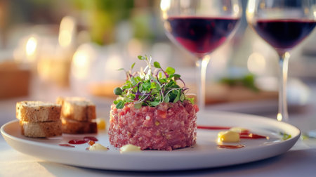 A beautifully presented steak tartare topped with fresh herbs, served with crusty bread and red wine glasses, perfect for an elegant dining experience.の素材