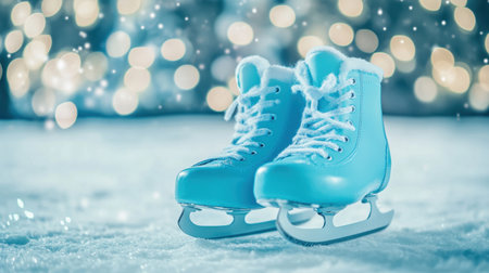 A pair of blue ice skates resting on snowy ground, surrounded by soft bokeh lights. Ideal for winter sports and holiday themes, capturing joy and activity.の素材