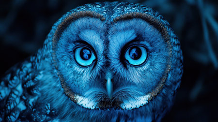 Captivating portrait of a blue owl with bright eyes set in a dark forest backdrop, evoking a sense of mystery and tranquility in nature beauty.の素材