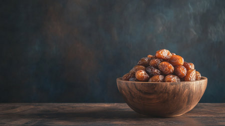 A stunning arrangement of fresh Medjool dates in a rustic wooden bowl, set against a dark textured background. Perfect for healthy snacking.の素材