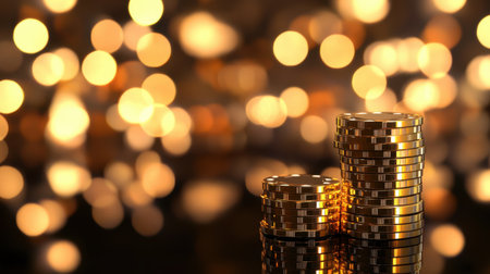 A captivating stack of golden coins set against a shimmering bokeh backdrop. This image symbolizes wealth, prosperity, and financial growth, perfect for business and finance themes.の素材