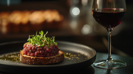 A beautifully plated beef tartare topped with fresh herbs on a dark plate, accompanied by a glass of red wine. Perfect for gourmet dining experiences.の素材