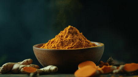 This stunning image showcases vibrant turmeric powder artistically placed in a wooden bowl, surrounded by fresh roots, highlighting its natural beauty and culinary importance.の素材