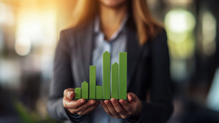 A confident businesswoman presents a vibrant green growth chart in a modern office, symbolizing success and progress in corporate finance and strategy.の素材