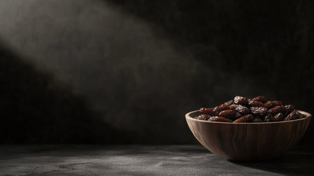 A beautifully arranged bowl of dried fruits is illuminated by warm light against a dark background, creating a striking visual. Perfect for health-focused themes.の素材