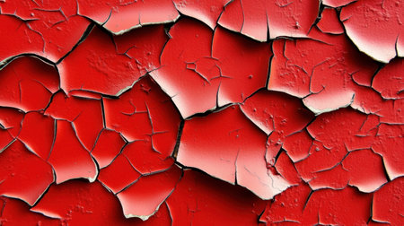 This image captures the intricate details of cracked red paint on a weathered surface, showcasing patterns of deterioration and texture ideal for artistic projects.の素材
