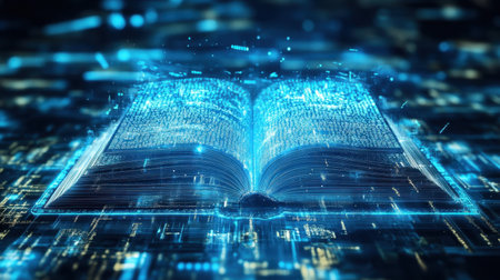 An imaginative representation of a digital book illuminated with blue light. This artwork combines technology and education, showcasing the future of reading.の素材