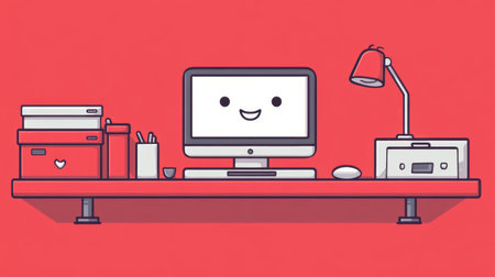 A vibrant workspace featuring a smiling computer, stylish lamp, and organized desk accessories, all set against a lively red background, perfect for a creative atmosphere.の素材