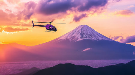 A stunning aerial view of a helicopter flying gracefully over Mount Fuji at sunset. The vibrant colors of the sky create a breathtaking backdrop for this serene landscape in Japan.の素材