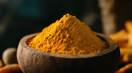 A vibrant mound of golden turmeric powder sits in a rustic wooden bowl, perfect for enhancing dishes with its rich flavor and health benefits.の素材