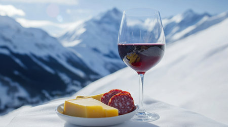 A stunning scene featuring a wine glass filled with red wine, accompanied by cheese and salami on a snowy mountain backdrop, perfect for outdoor dining.の素材