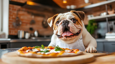 A cheerful bulldog in a cozy kitchen eagerly awaits a slice of delicious pizza. The playful pet embodies joy and curiosity in a home cooking setting.の素材