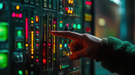 A hand reaching to adjust colorful lights on a control panel, showcasing technology and interaction in a modern and dynamic environment. Perfect for illustrating innovation and precision.の素材