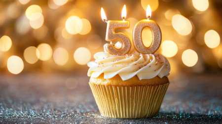 A beautifully decorated cupcake featuring sparkling 50 candles captures the essence of a joyous celebration. The blurred golden lights enhance the festive atmosphere.の素材