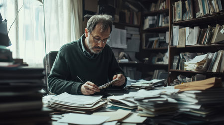 A man sits in a cluttered office, meticulously reviewing papers and documents. The scene captures his focus and dedication among stacks of paperwork in a warm, vintage atmosphere.の素材