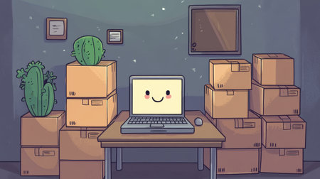 A charming and cozy workspace featuring a cheerful laptop surrounded by cardboard boxes and potted cacti, perfect for creative inspiration in a modern home office setting.の素材