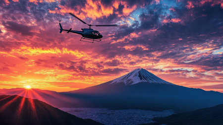 A breathtaking view of a helicopter flying over Mount Fuji at sunset. The colorful sky radiates with hues of orange and purple, creating a serene atmosphere.の素材