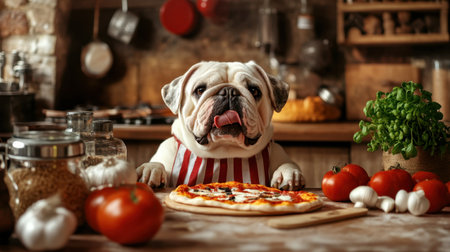 A charming bulldog in an apron sits at a rustic kitchen table surrounded by fresh ingredients, including tomatoes and garlic, ready to enjoy pizza.の素材