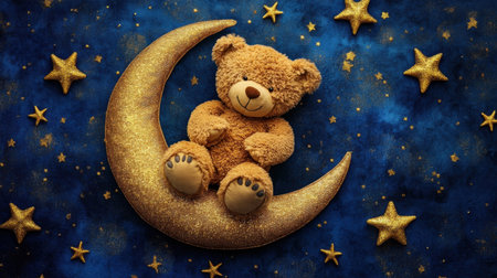 A charming teddy bear rests on a sparkling golden moon, surrounded by shimmering stars. This enchanting scene evokes feelings of warmth, innocence, and childhood dreams, perfect for creative projects.の素材