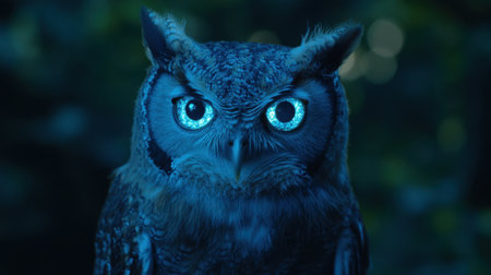 A stunning close-up of a majestic owl with vibrant blue eyes, set against a mystical forest background. This captivating shot highlights the owl's intricate feathers and fierce gaze, showcasing the beauty of wildlife in its natural habitat.の素材