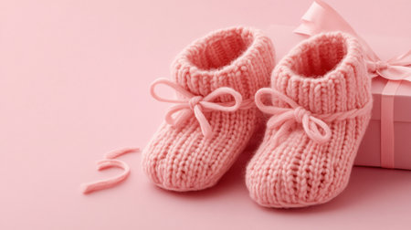 These soft pink knitted baby booties create a charming atmosphere, ideal for newborn gifts. Perfect for any adorable infant outfit or nursery setting.の素材